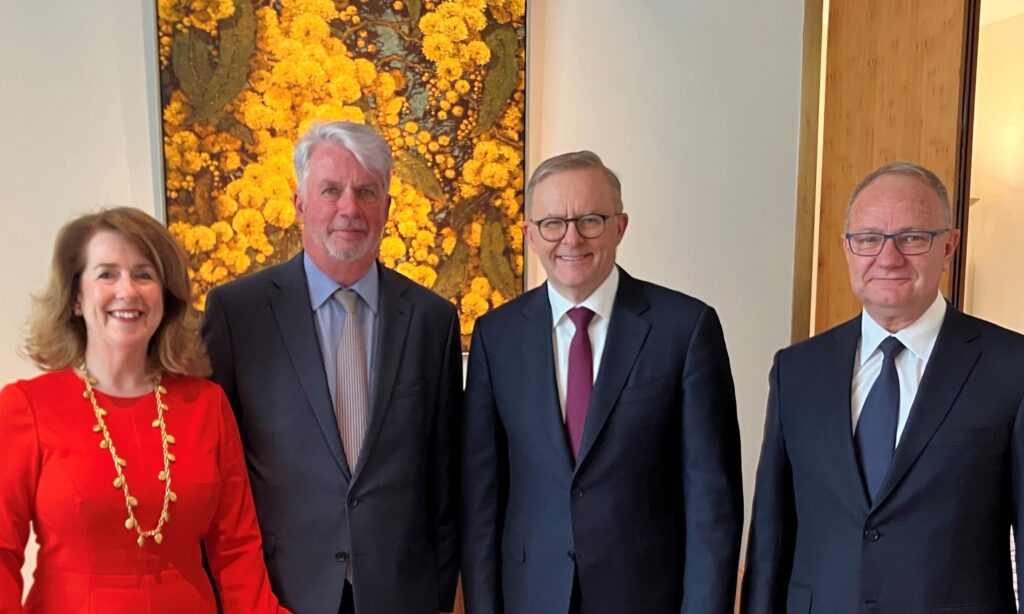The leadership of The Global Foundation standing with Australian PM Anthony Albanese